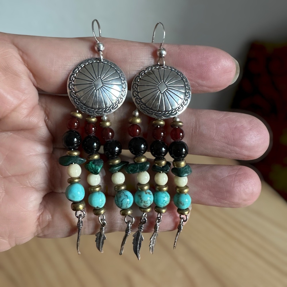 VTG Concho Beaded Hook Dangle Earrings 2.9" Turquoise Southwest Sterling 14.1g